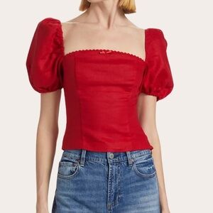 Reformation Red Linen Balloon Sleeve Blouse